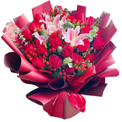 扬州22朵红玫瑰百合，爱的火焰